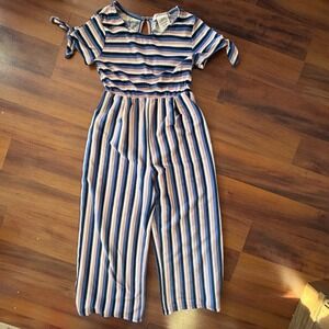 Love Squared Girls Striped Wide Leg Jumpsuit Blue Pink Ribbed Size 8 IMD7254J